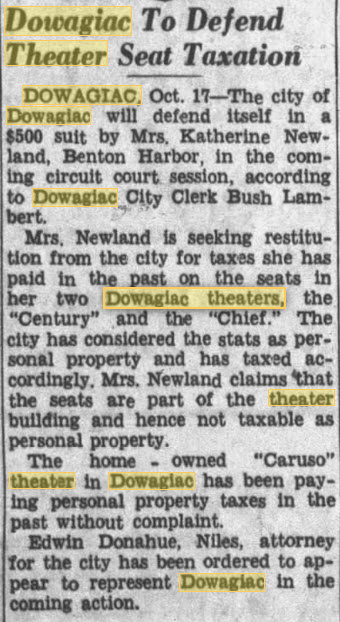 Dowagiac Theatre - Oct 17 1950 Article On Tax